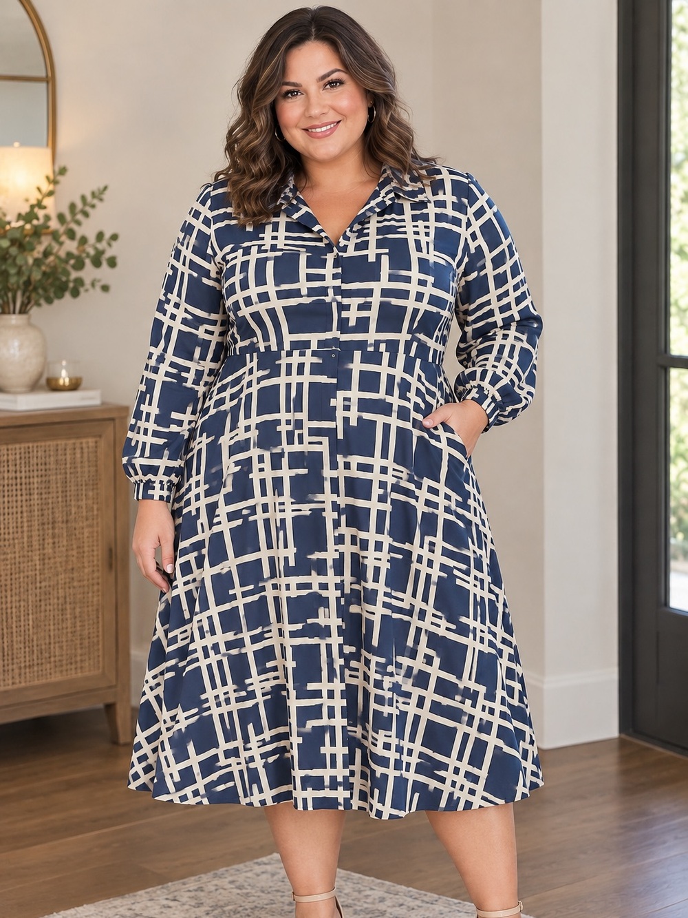 Melonie T faux wrap midi dress geometric navy cream women’s 18 career office